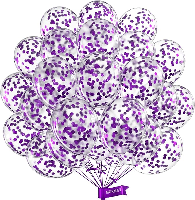 Purple Confetti Balloons, 12inch, 50 Pcs, Latex, Perfect for Birthdays, Unisex-Adults & Kids