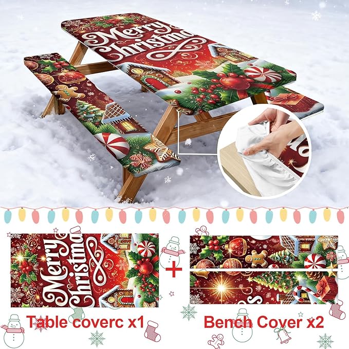 Picnic Table Cover with Bench Covers Set of 3, Elastic Fitted Tablecloth for 6 Foot Tables, Washable Polyester Tablecloths for Camping, Indoor & Outdoor
