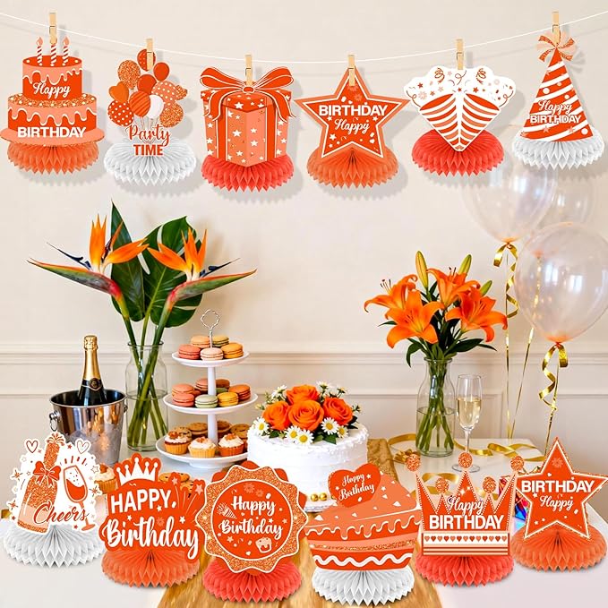 12Pcs Orange Birthday Decorations Honeycomb Centerpieces for Men Women Kids, Orange Happy Birthday Table Centerpieces for Adult Boys Girls Birthday Party Table Topper Sign Decor Supplies