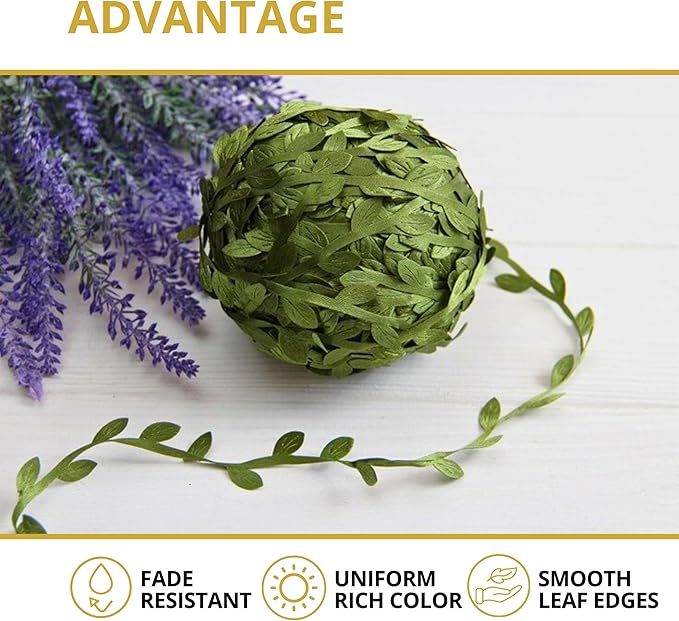 Leaf Ribbon 40 Yard Fabric Ribbons Roll Green Leaf Tape 1" Width Artificial Olive Trim Tape for Gift Wrapping Craft DIY