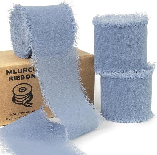 Periwinkle Blue Chiffon Ribbon 1-1/2 Inch x 21Yards Dusty Blue Chiffon Silk Ribbon Handmade Fringe Boho Frayed Ribbon for Gift Wrapping, Wedding Invitation, Bridal Flower Bouquets