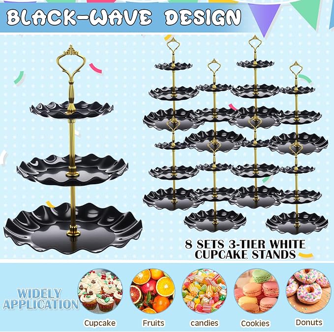 Patelai 8 Packs 3 Tier Cupcake Stand Holder Plastic Cake Serving Display Stand Tower Donuts Cookie Dessert Tray Holder Wave Shape with Gold Rod for Wedding Birthday Baby Shower Tea Party(Black)
