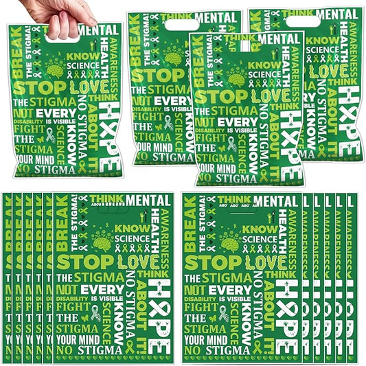 Falueqg Mental Health Awareness Party Favors - 50 Pcs Mental Health Month Goodie Candy Gift Bags Green Ribbon Party Supplies for Campaign Support Charity Events Accessories