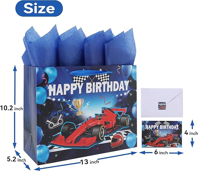 wishinside 13” Large Blue Birthday Gift Bag Set with Handles, Greeting Card, Tissue Papers and Stickers for Boys Men Kids Teens, Car Design, 1 Pcs