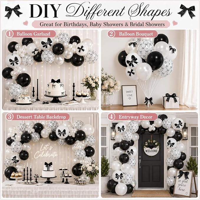 Bow Balloons, 60Pcs Black Bows Balloon, 12 Inch Latex Black and White Bow Printed Balloons with Cute Bows Ribbons for Women Girls Birthday Party Baby Shower Bridal Shower Bow Theme Party Decorations