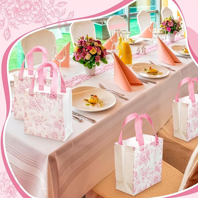 Sweetude 16 Pcs Pink Floral Gift Bags with Handles, Reusable Non-woven Tote Bags, Pastel Spring Flower Party Favors for Graduation, Wedding, Baby Shower, Bridal Shower, Birthday