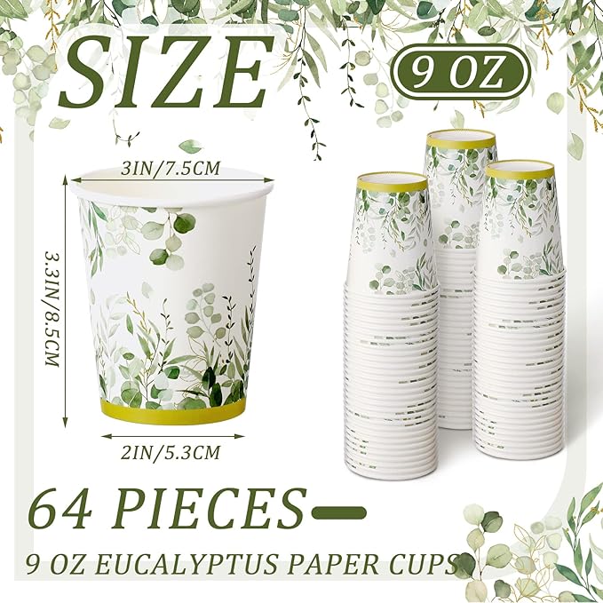 Panelee 64 Pcs Wedding Disposable Cups Bulk Eucalyptus Sage Green Coffee Cups for Wedding Bridal Shower Baby Shower, Birthday & Holidays