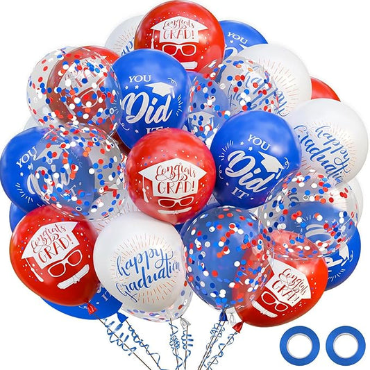 OuMuaMua 75Pcs Graduation Party Decorations Balloons Set - 12 Inch Congrats Navy Blue Red White Confetti Latex Balloons for Class of 2026 Graduation Birthday Party Decor Supplies