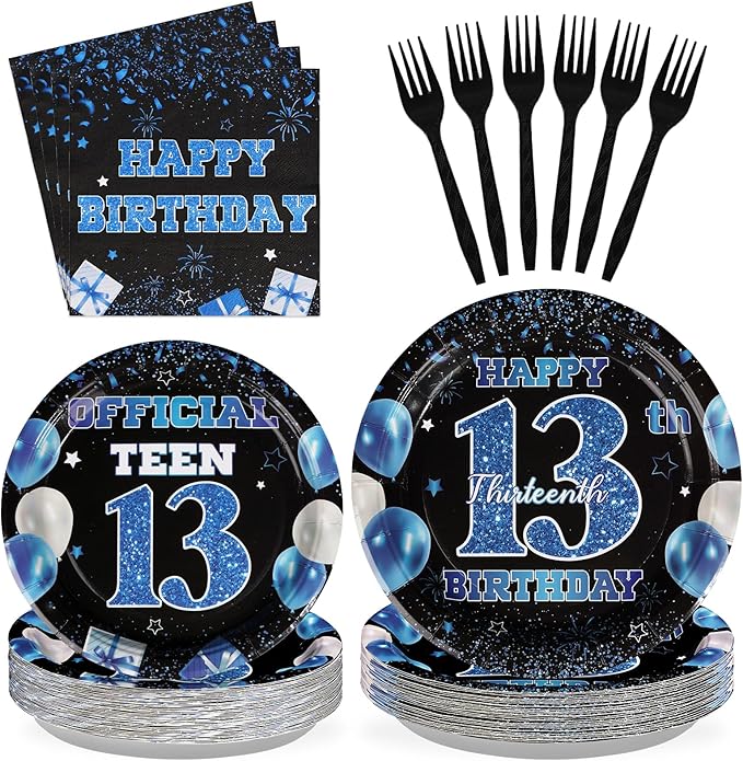 96 PCS 13th Birthday Decorations for Boys 350 GSM Official Teen 13th Birthday Plates and Napkins Disposable Blue and Black Tableware Set for Kids Teenager 13 year old Birthday Party Supplies Serves 24