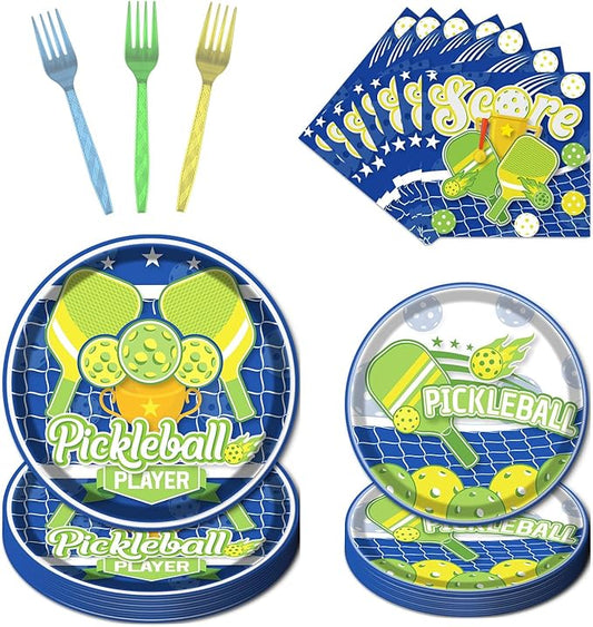 Rakuto Pickleball Party Plates Supplies - 96PCS Pickleball Player Themed Disposable Paper Plates Forks Napkins Tableware Set Pickleball Sports Baby Shower Birthday Party Decorations(24 Guests)