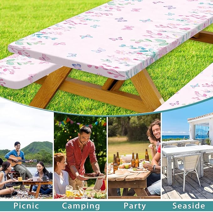 Butterfly Picnic Table Cover with Bench Covers, Camping Essentials, Flower Leaf Plant Waterproof Windproof Table Cover, Fitted Tablecloth Cover with Elastic Edge, for Indoor & Outdoor 3 PCS 30x72 Inch