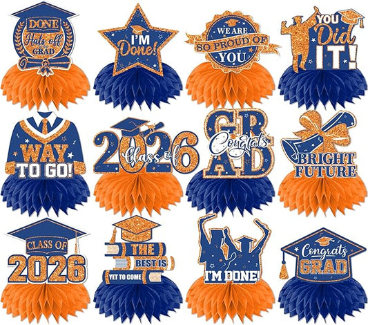 12pcs Graduation Table Decorations,Orange and Blue Graduation Decorations Graduation Centerpieces for Tables Class of 2026 Centerpieces Honeycomb for 2026 Congrats Grad Table Decor (Orange and Blue)