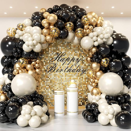 Black and Gold Balloon Arch Garland Kit 150pcs 2026 New Year's, Double Stuffed Pearl Sand White Black Chrome Gold Balloons Arch Kit for Graduation Father's Day Birthday Party Decoration