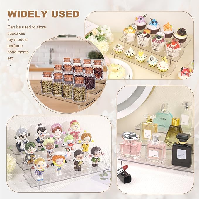 2 Pack 3 Tier Acrylic Stands for Display, 12 inch Clear Display Stand Risers Shelf for Cupcakes Perfumes Figurines, Tabletop Cupcake Stand for Decorating & Organizing(11.8"x9.4"x3")