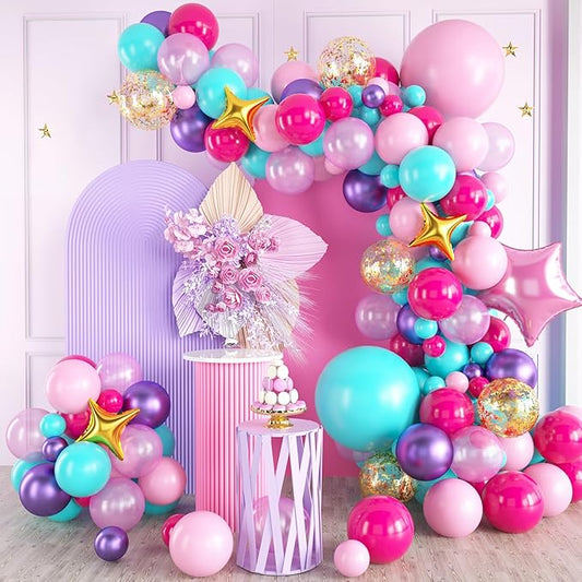 Pink Purple Balloon Arch Kit, Blue Pink Purple Balloon Arch Kit, Hot Pink Teal Balloons Arch, Hot Pink Balloon Garland With Confetti and Foil Balloons for Girls Birthday Party Decorations