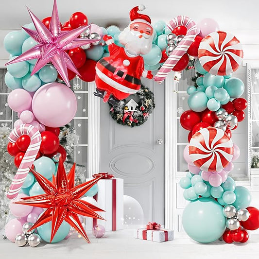 Pink Christmas Balloon Arch Kit 155pcs Red Pink Green Silver Christmas Balloons Arch with Candy Cane Lollipop Explosion Star Santa Claus Foil Balloons for Christma Birthday Party Decorations