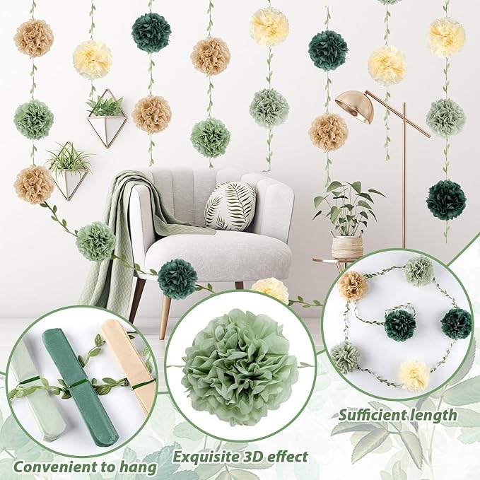 2Pcs Sage Green Tissue Paper Pom Pom Garlands Sage Green Flower Leaves Banner Hanging Paper Flower Garlands for Birthday Baby Shower Boho Wedding Engagement Bridal Shower Party Decor 8.2ft