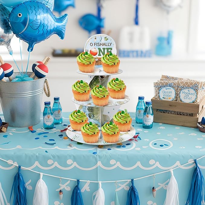 Go Fishing Cupcake Stand Decorations - 3 Tier Ofishally One Birthday Decorations Gone Fishing 1st Cupcake Stand Dessert Tower Holder for Kids Baby Shower Little Fisherman Birthday Party Favor