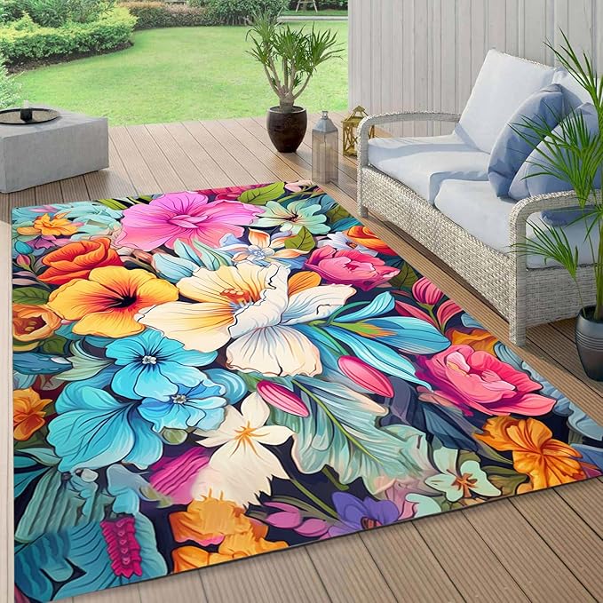 Large Floral Outdoor Rug for Patio Balcony Deck Camping Poolside Garden Machine Washable Waterproof Porch Backyard Outside Carpet 4x6 Orange Blue Pink Flower Mat Easy Clean