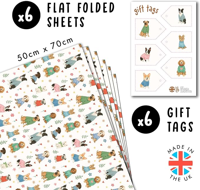 CENTRAL 23 Cute Dog Wrapping Paper - 6 Sheets Of Gift Wrap - Colorful Pets In Sweater - Birthday, Christmas, Easter, Baby Shower - Pet Lovers, All Occassions, Animal Parties All Occasion