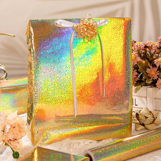 Burymento Golden Wrapping Paper Roll, Metallic Holographic Star Gift Wrap for Birthday, Valentines, Mothers day, Graduation, Wedding, Fathers day, Baby Shower, Christmas (17 IN x 32.8 FT)