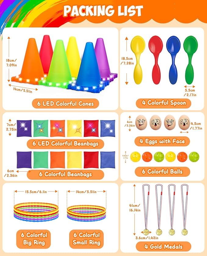 Eocolz 49PCS Carnival Games Outdoor Combo Set for Kids with LED Light, Plastic Cones Obstacle Course Bean Bags Balls Ring Toss Game Egg and Spoon Race Lawn Game, Gift for Birthday Party/Xmas/Easter