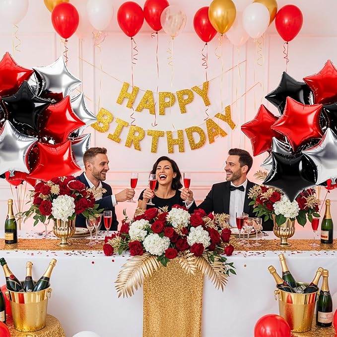TONIFUL 15Pcs 18 Inch Large Silver Red Black Star Shape Foil Balloons Big Stars Helium Mylar Ballons for Birthday Wedding Bridal Shower Anniversary Engagement Party Decorations Supplies