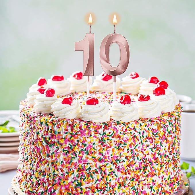 BBTO 10th Birthday Candles Number Candles Cake Topper Decoration for Birthday Wedding Anniversary Celebration Supplies(Rose Gold)