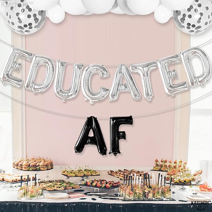 KatchOn, Silver Black Educated AF Balloons Banner - 16 Inch | Educated AF Grad Balloon for 2026 Graduation Decorations | Silver Black Graduations Balloon for Graduation Decorations 2026