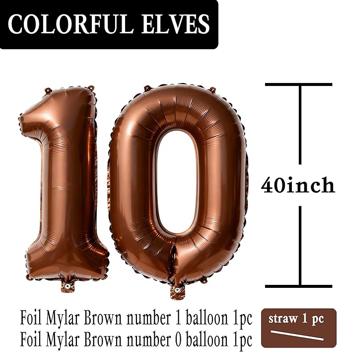 Brown Number 10 Balloons 40 Inch Giant Brown 10 Foil Mylar Balloons for 10th Birthday Anniversary Events Party Decorations