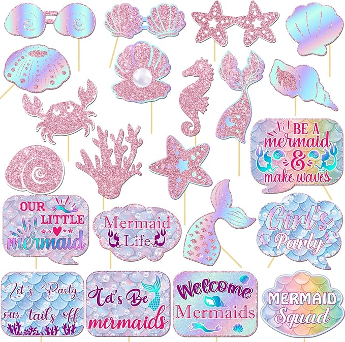 22 Pcs Mermaid Photo Booth Props, Pink Glitter Mermaid Props Kit with Ocean Theme, 5th 10th Birthday Party Favors Decorations Supplies