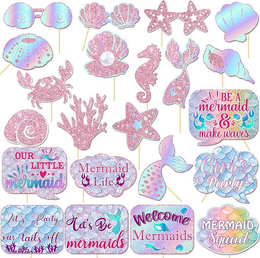 22 Pcs Mermaid Photo Booth Props, Pink Glitter Mermaid Props Kit with Ocean Theme, 5th 10th Birthday Party Favors Decorations Supplies