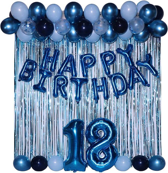 18th Birthday Decorations for Boys 18th Birthday Balloons 18 Cake Topper Happy Birthday Banner Blue Streamers Happy 18th Birthday Decorations