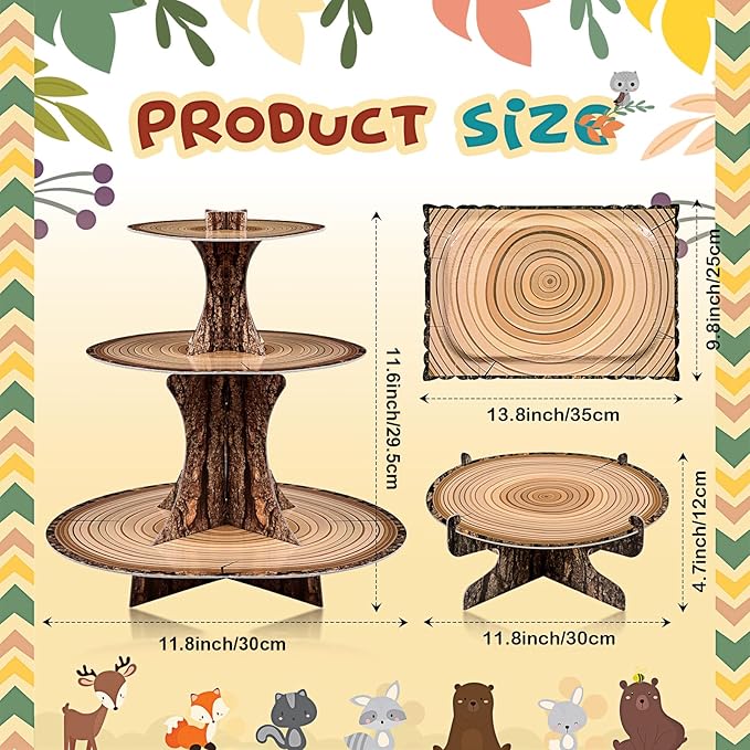 Sawysine 7 Pcs Woodland Cupcake Stand Set Woodland Baby Shower Decorations 3 Tier 2 Wooden Cupcake Stand 1 Rustic Cake 4 Rectangle Serving Tray Birthday Western Camping Hunting Supplies(Rectangle)