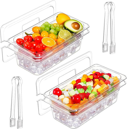 Rtteri 2 Sets 13" x 7" Chilled Serving Tray with Lid and Tongs Summer Ice Chilled Party Platter Ice Bowl for Fruits Veggies Shrimp Salad Cocktail Buffet and Parties