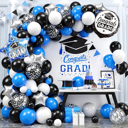 Graduation Balloon Arch Kit, 2025 Blue Black Party Decorations, Graduation Balloon Garland Party Decorations with Congrats Grad Hat Star Balloons for 2025 Grad Prom Supplies