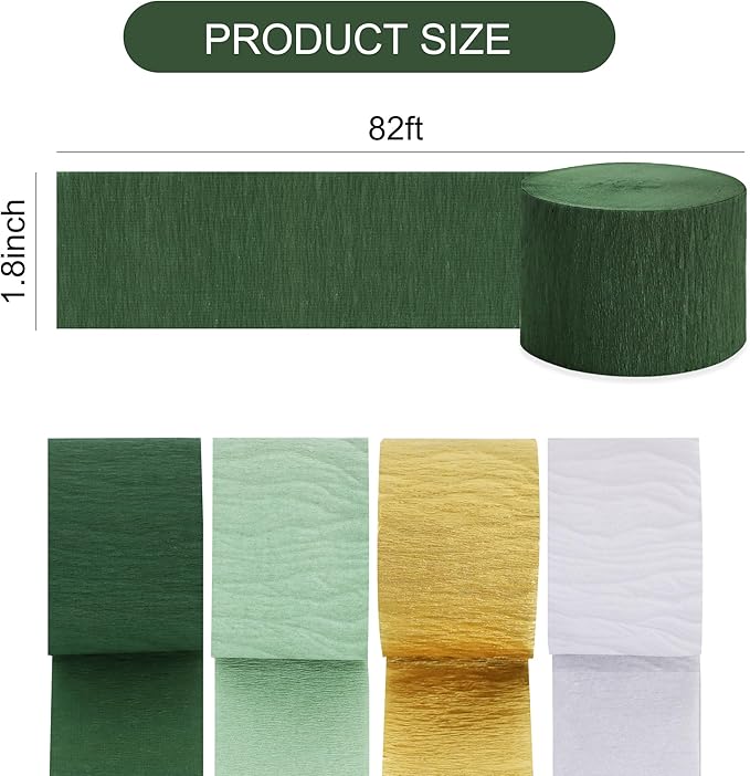 BEISHIDA 8 Rolls Green Gold and Pink Crepe Paper Streamers for Boho Theme Baby Shower Party Decorations Wedding Birthday DIY Craft Paper(1.8 Inch x 82 Ft/Roll)