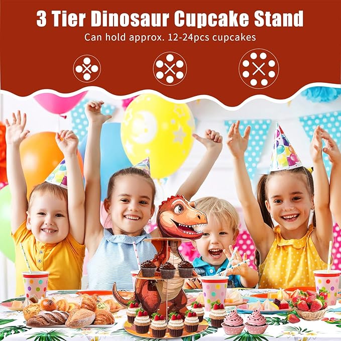 Dinosaur Cupcake Stand, 3 Tire Cupcake Stand Holder Dinosaur Themed Cup Cake Display Stand Dessert Tower Tiered Tray Stand for Kids Dinosaur Jungle Party Birthday Supplies (Dinosaur-1pcs)