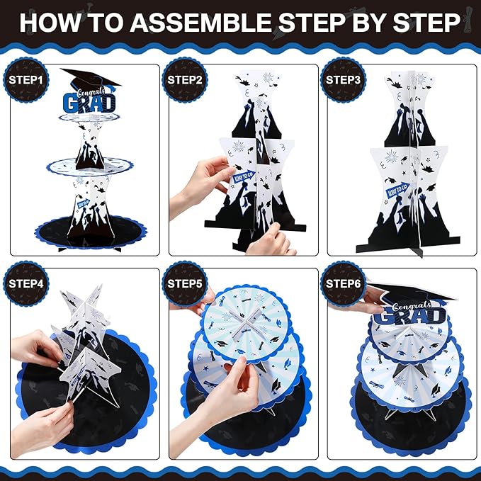 Nuenen 2 Pcs Graduation Cupcake Stand 3 Tier Black Graduation Cupcake Holder Class of 2026 Congrats Grad Cake Holder Dessert Tower for Grad Party Decorations Supplies Favors(Blue)