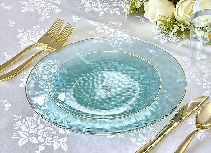" OCCASIONS " 100 Plates Pack (50 Guests) Wedding Party Disposable Plastic Plate Set -50 x 10'' Dinner + 50 x 7'' Salad/dessert plates (Coastal Clear Blue & Gold)