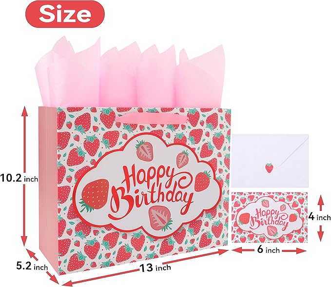 wishinside 13” Large Strawberry Happy Birthday Gift Bag Set with Handles, Greeting Card, Tissue Papers and Stickers for Girls Kids Teens Women, Cute Fruit Themed Birthday Design, 1 Pcs
