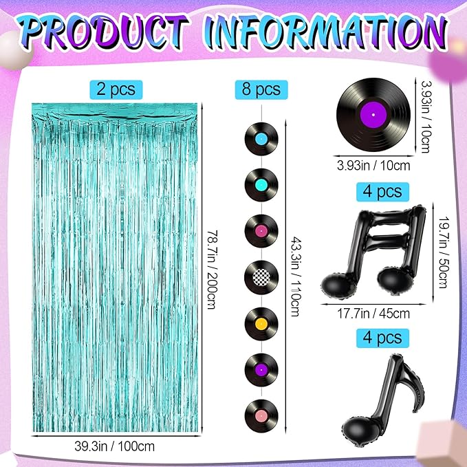 VioraWhite 18pcs 50s Musical Party Decoration Retro Record Garlands Streamers Fringe Curtains Music Note Balloons Photo Backdrop for Music Rock and Roll 70s Birthday Party Supply