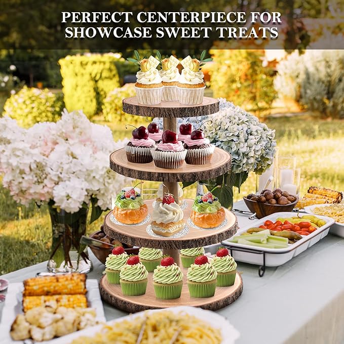 GrnVibe Cupcake Stand Wood Dessert Stands 4 Tier Cupcake Tower Large Cupcake Display Stand Rustic Cupcake Tier Stand for Woodland Baby Shower Decorations/Wedding/Birthday/Party/Farmhouse Decor