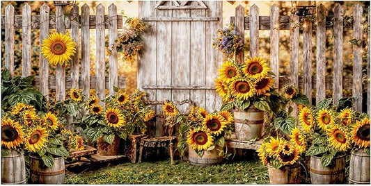 Kate 20x10ft Yellow Sunflowers Backdrops for Photography Rustic Wooden Fence Background Bridal Baby Shower Sweet Birthday Party Decoration Studio Backdrop