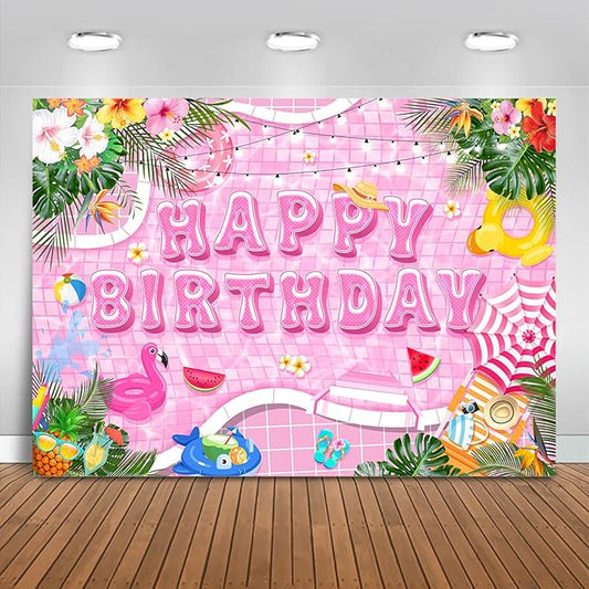 Mocsicka Pool Happy Birthday Backdrop Summer Swimming Pool Birthday Party Decorations Banner Hawaiian Beach Pink Party Supplies Photo Booth Props (Pink, 10x7ft(120"x82"))