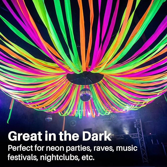 MAQIHAN 656feet Neon Streamers - 8 Rolls Black Light Reactive Fluorescent Crepe Paper Streamers, Neon Party Decorations Glow in The Dark Party Supplies for 80 90s Glow Parties Birthday Helloween Decor