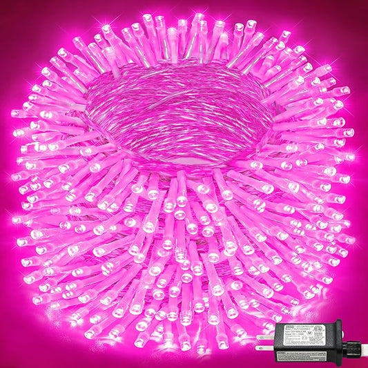 165FT 500 LED Outdoor String Lights, Plug in Christmas Lights Indoor Waterproof, 8 Modes Connectable Fairy Twinkle Lights Clear Wire for Outside Bedroom Patio Wedding Garden Party Decorations, Pink