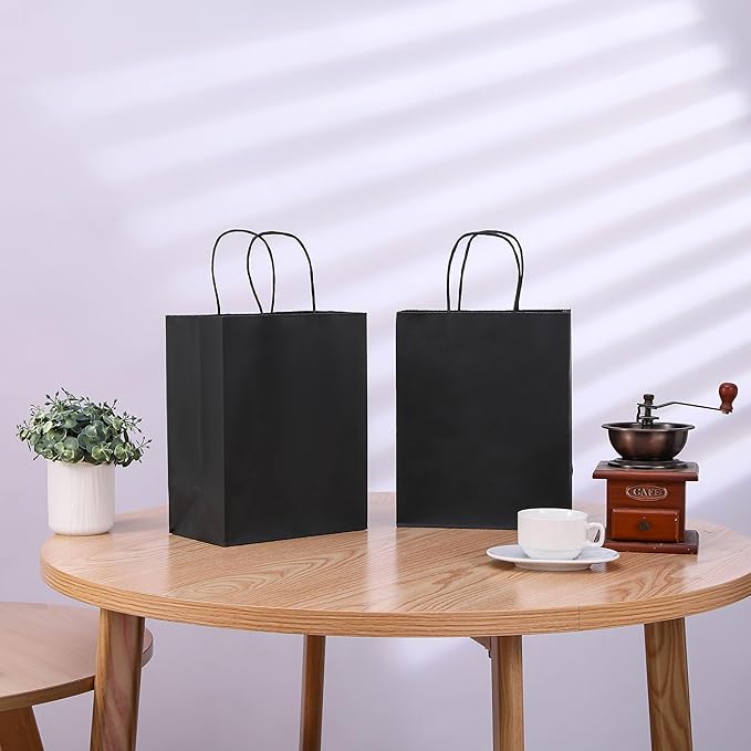 SUNCOLOR 25-Pack Black Gift Bags with Handles – 8"x4.5"x10" Medium Goodie Bags for Party Favors, Retail, Halloween & Weddings