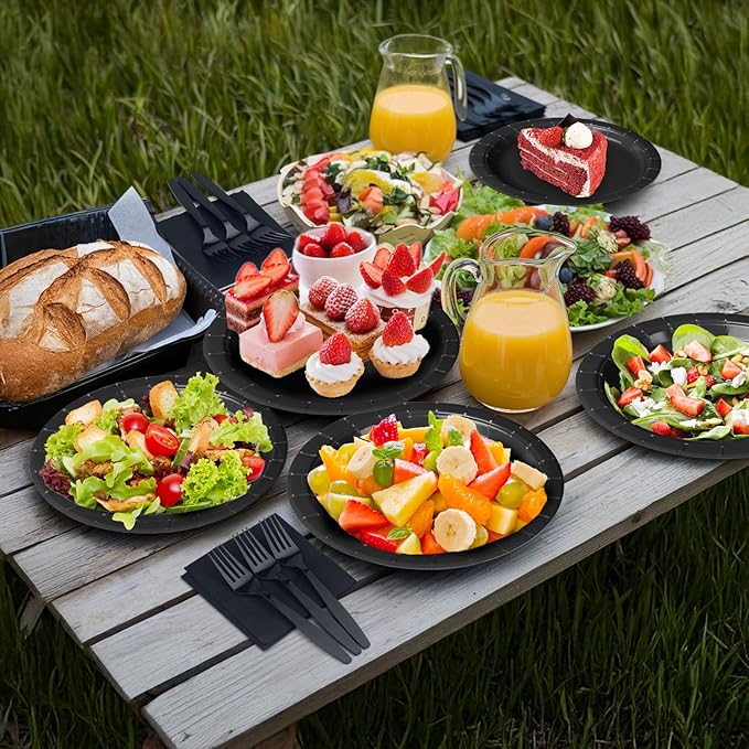 Black Paper Plates and Napkins Party Supplies-50 x 7''Dessert Plates & 50 x 5''Napkins & 50 x 7.3''Forks, Disposable Paper Tableware Set for Birthday, Retirement, Graduation, Father's Day