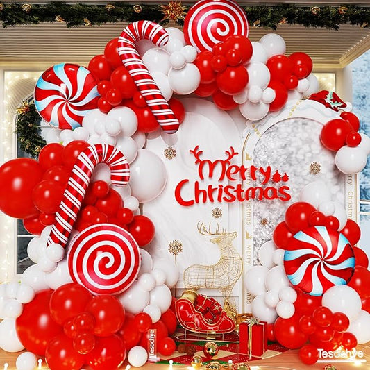 142 Pcs Christmas Balloon Garland Arch Kit with Xmas Red and white Candy Cane foil Balloons, Red White Candy Balloons for Christmas Party Decorations Birthday Supplies
